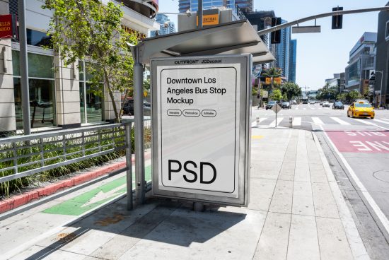 Urban bus stop advertising mockup in sunny downtown Los Angeles scene, editable PSD for outdoor media display design.